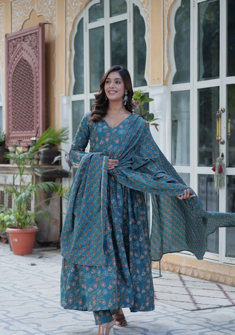Green Floral Print Cotton Salwar Kameez With Dupatta
