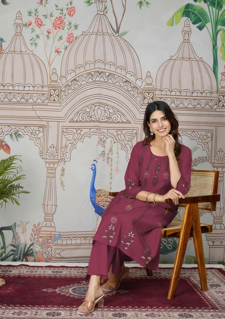 Burgundy Resham Embroidery Viscose Salwar Kameez