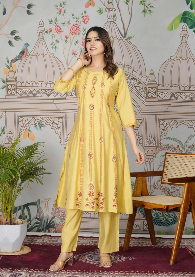 Yellow Resham Embroidery Viscose Salwar Kameez
