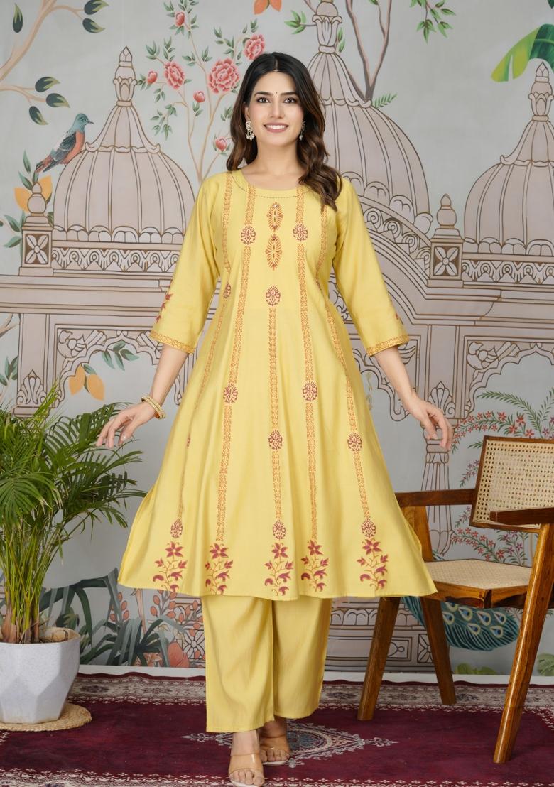 Yellow Resham Embroidery Viscose Salwar Kameez
