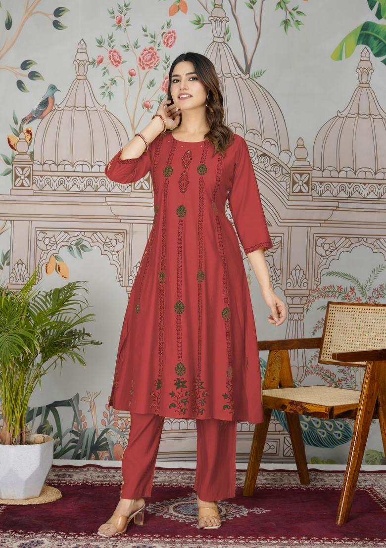 Maroon Resham Embroidery Viscose Salwar Kameez