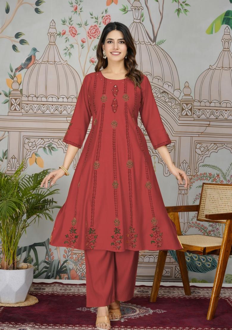 Maroon Resham Embroidery Viscose Salwar Kameez