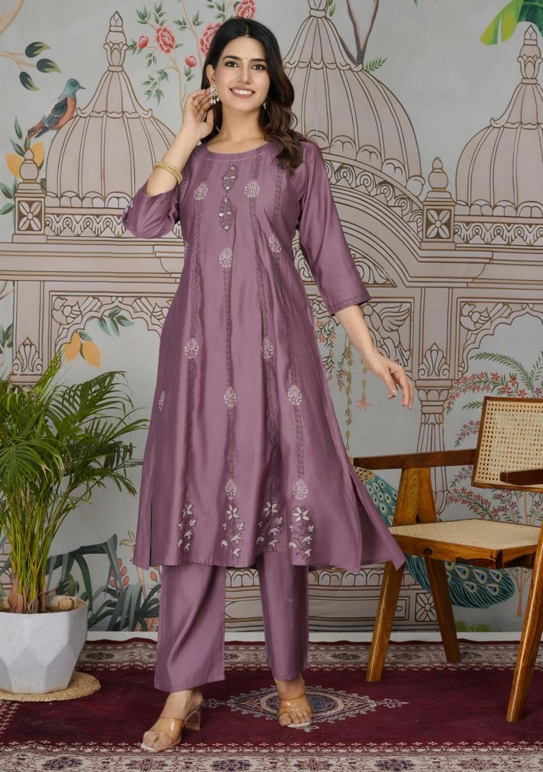 Purple Resham Embroidery Viscose Salwar Kameez