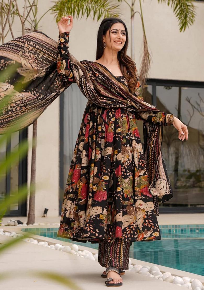 Black Abstract Print Cotton Salwar Kameez With Dupatta