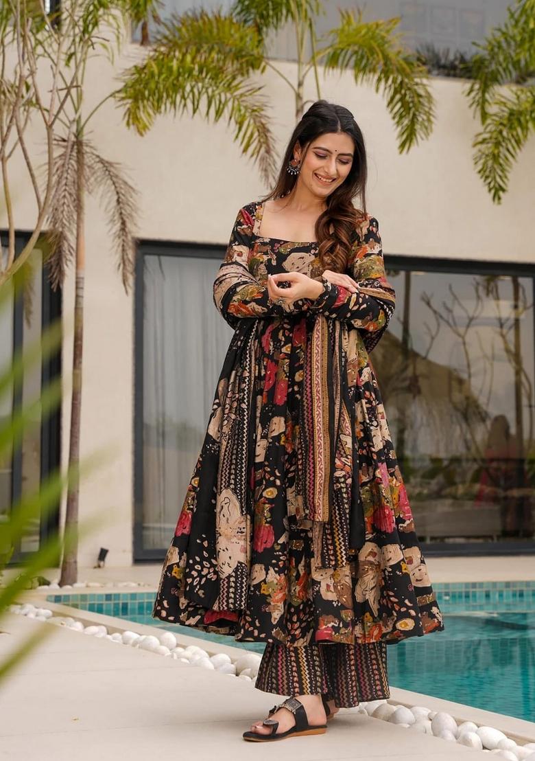 Black Abstract Print Cotton Salwar Kameez With Dupatta