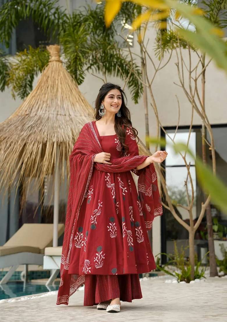 Maroon Printed Cotton Anarkali Set - Indya