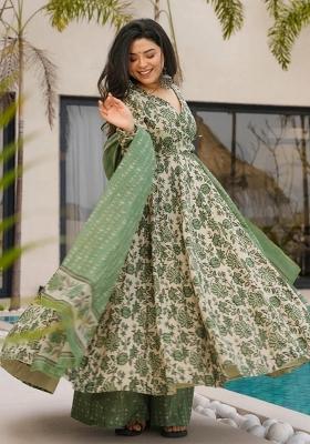 Green Abstract Print Cotton Salwar Kameez With Dupatta