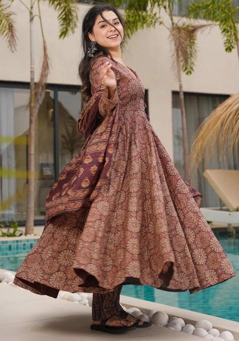 Brown Abstract Print Cotton Salwar Kameez With Dupatta