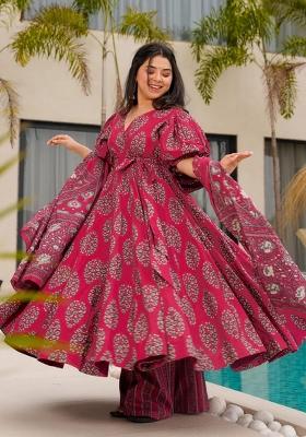 Pink Abstract Print Cotton Salwar Kameez With Dupatta