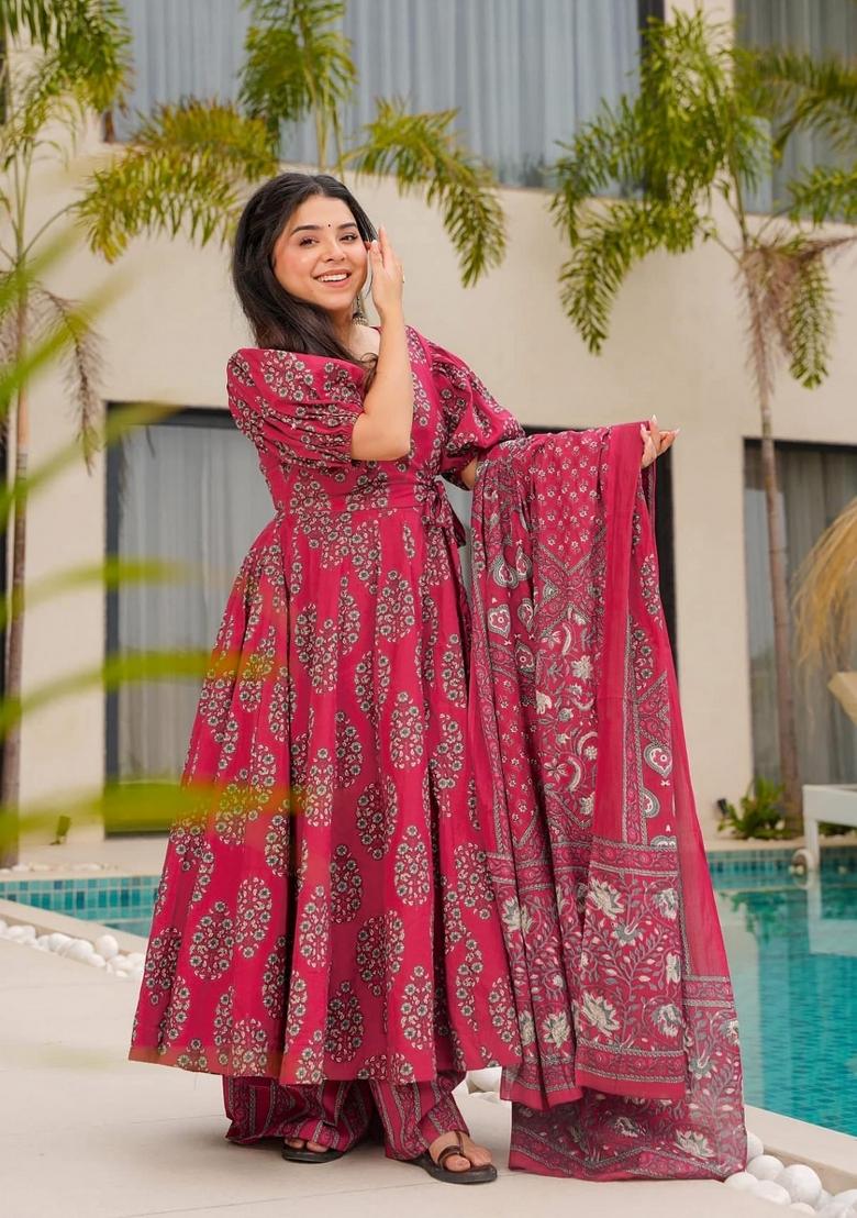 Pink Abstract Print Cotton Salwar Kameez With Dupatta