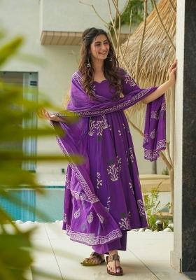 Purple Abstract Print Cotton Salwar Kameez With Dupatta