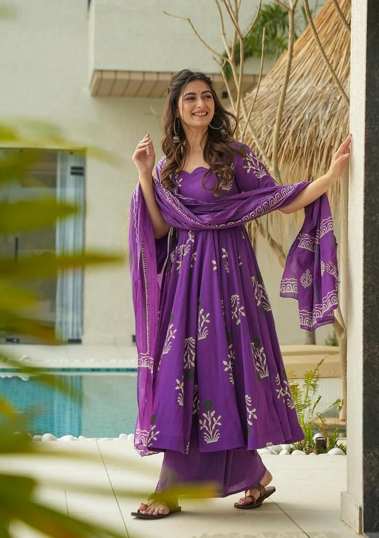 Purple Abstract Print Cotton Salwar Kameez With Dupatta