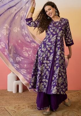 Purple Resham Embroidery Art Silk Salwar Kameez With Dupatta
