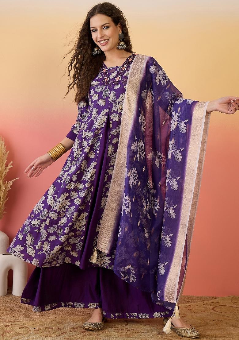 Purple Resham Embroidery Art Silk Salwar Kameez With Dupatta