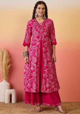 Pink Resham Embroidery Art Silk Salwar Kameez With Dupatta