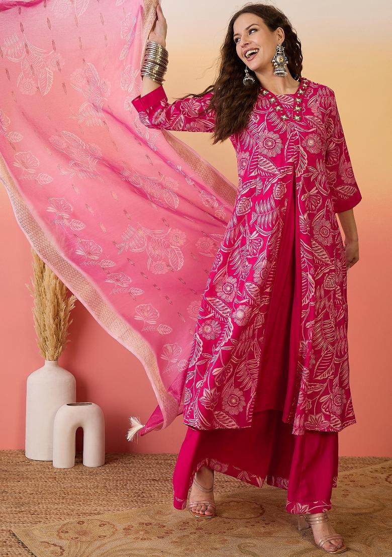 Pink Resham Embroidery Art Silk Salwar Kameez With Dupatta