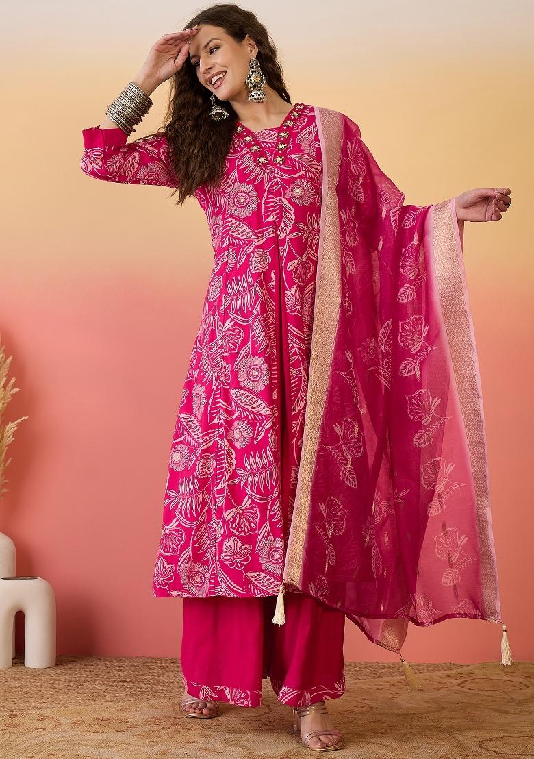Pink Resham Embroidery Art Silk Salwar Kameez With Dupatta