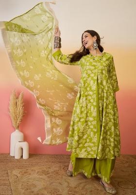 Green Resham Embroidery Art Silk Salwar Kameez With Dupatta