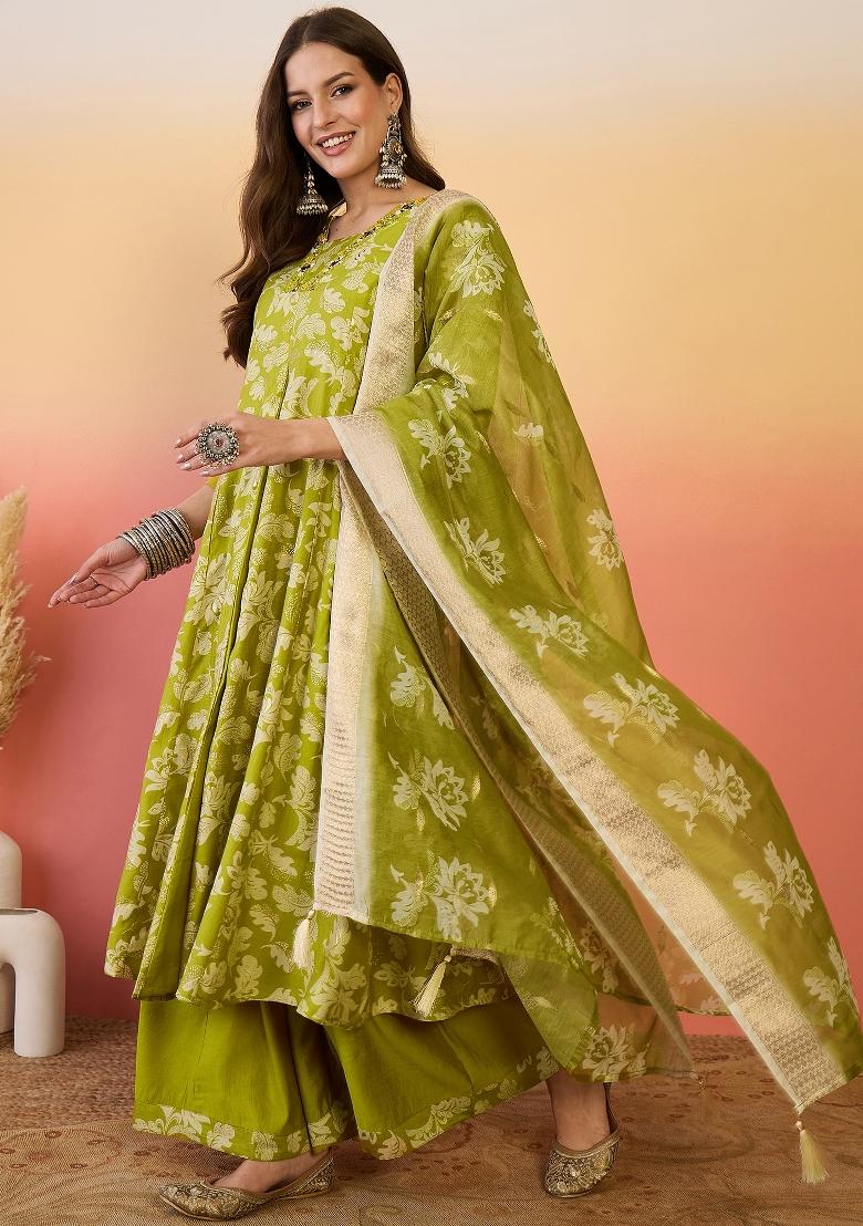 Green Resham Embroidery Art Silk Salwar Kameez With Dupatta