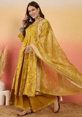 Mustard Yellow Resham Embroidery Art Silk Salwar Kameez With Dupatta