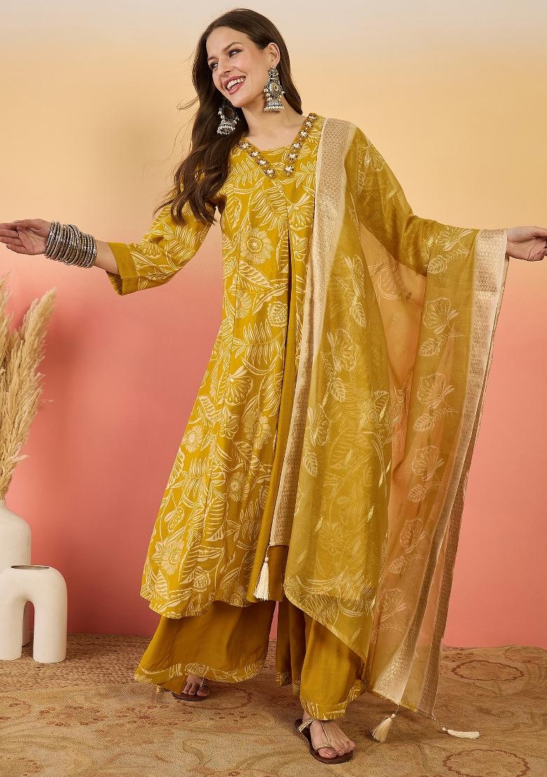 Mustard Yellow Resham Embroidery Art Silk Salwar Kameez With Dupatta
