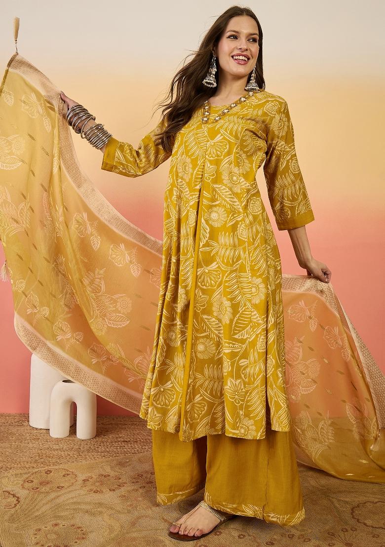 Mustard Yellow Resham Embroidery Art Silk Salwar Kameez With Dupatta