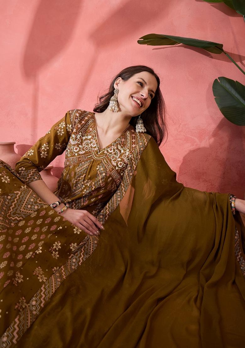 Brown Resham Embroidery Art Silk Salwar Kameez With Dupatta