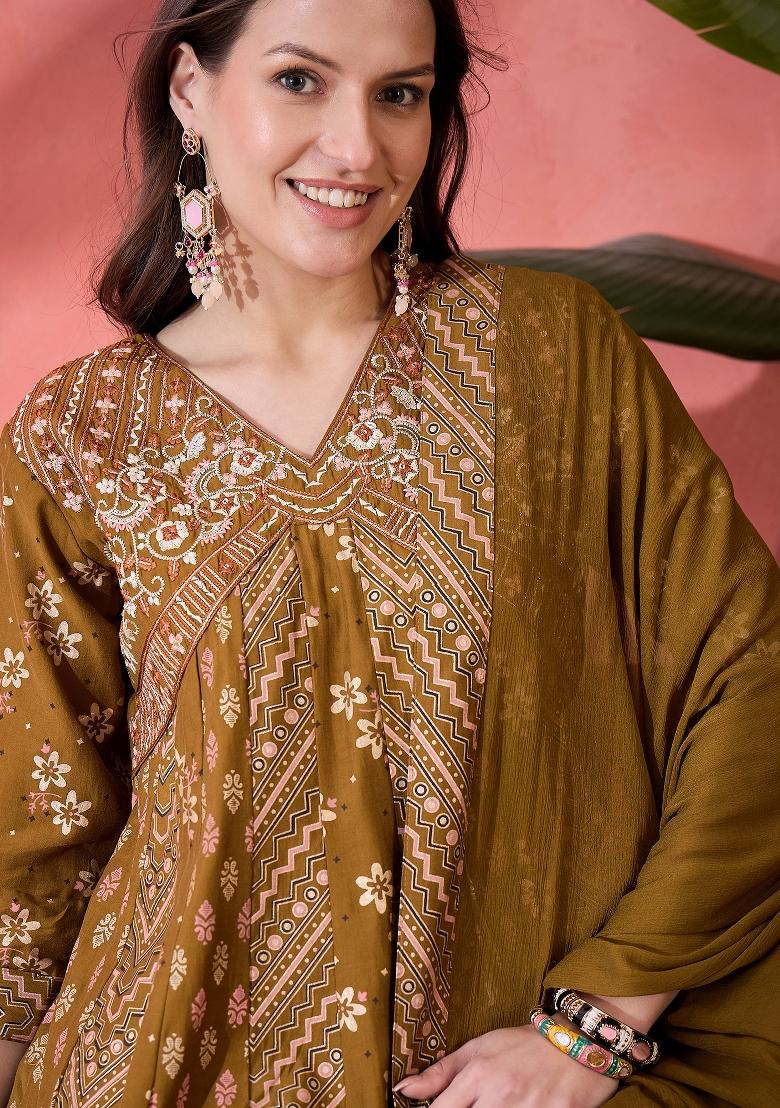 Brown Resham Embroidery Art Silk Salwar Kameez With Dupatta