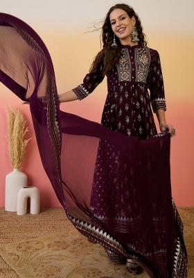 Maroon Resham Embroidery Art Silk Salwar Kameez With Dupatta