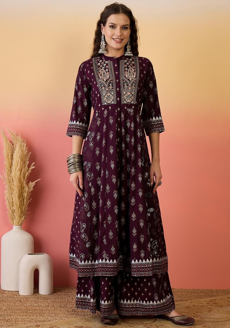 Maroon Resham Embroidery Art Silk Salwar Kameez With Dupatta