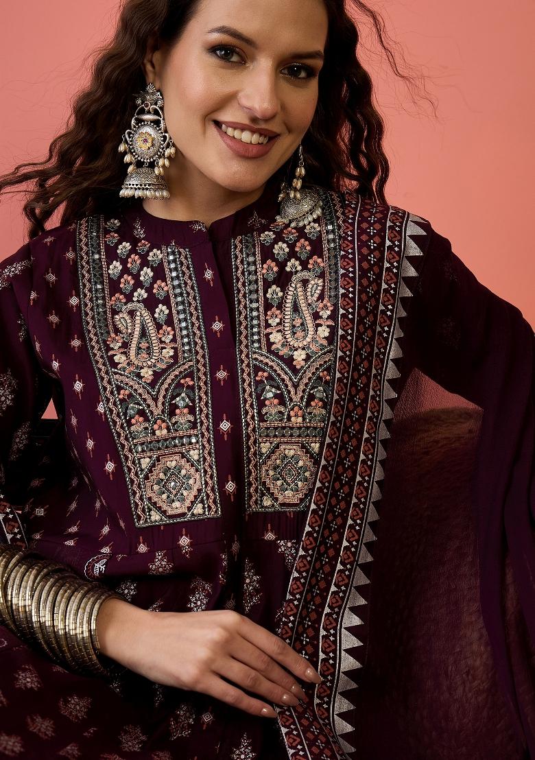 Maroon Resham Embroidery Art Silk Salwar Kameez With Dupatta