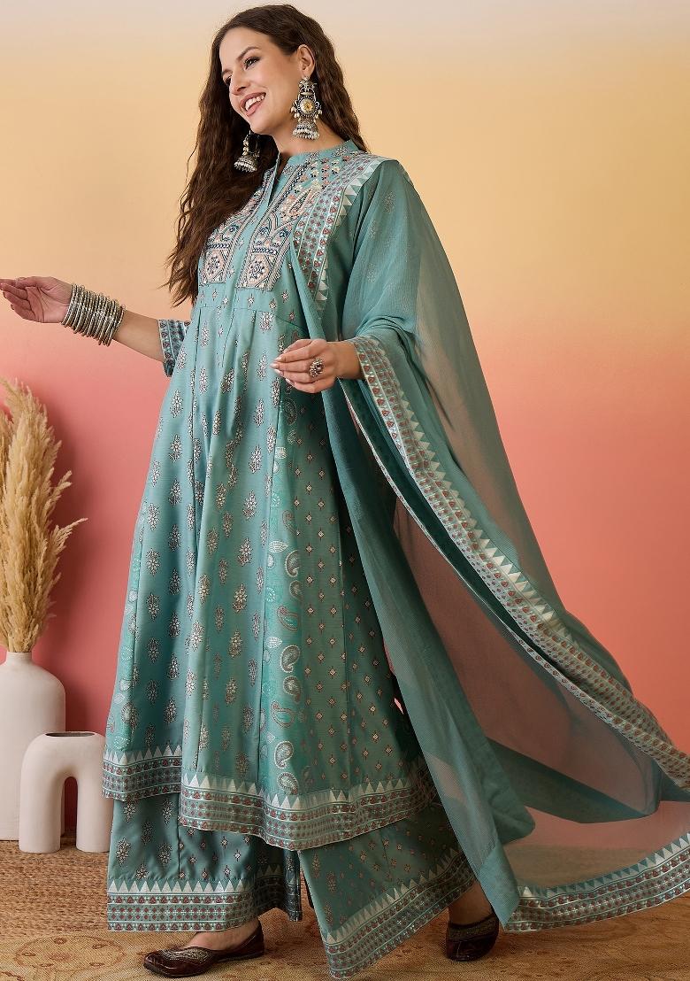 Sea Green Resham Embroidery Art Silk Salwar Kameez With Dupatta
