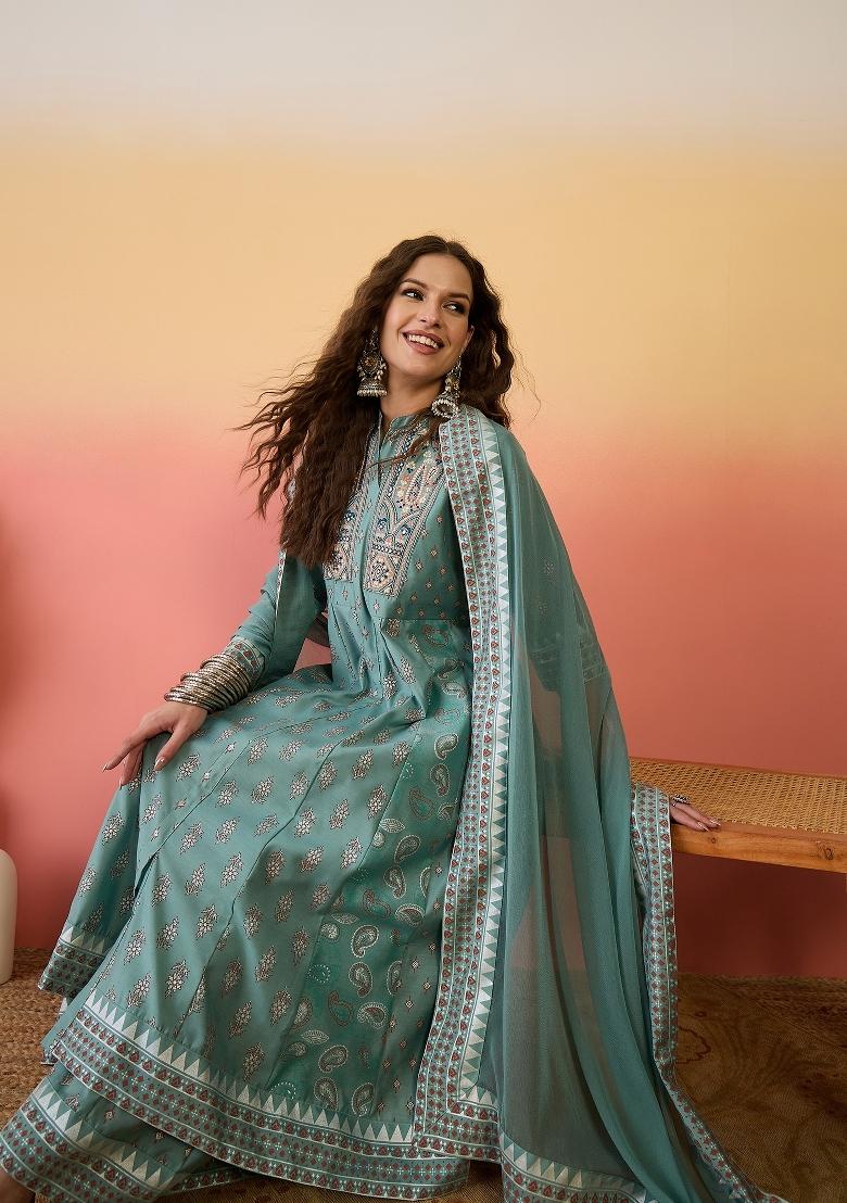 Sea Green Resham Embroidery Art Silk Salwar Kameez With Dupatta