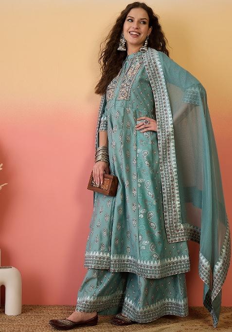Sea Green Resham Embroidery Art Silk Salwar Kameez With Dupatta