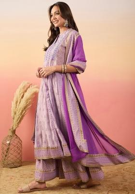 Purple Resham Embroidery Art Silk Salwar Kameez With Dupatta