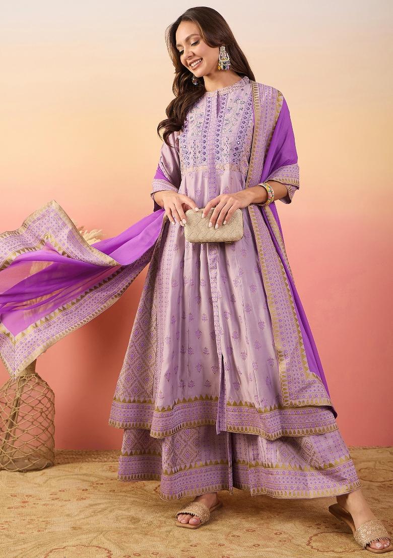 Purple Resham Embroidery Art Silk Salwar Kameez With Dupatta