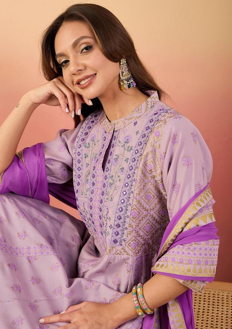 Purple Resham Embroidery Art Silk Salwar Kameez With Dupatta