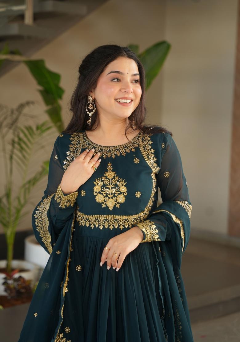 Rama Blue Sequin Embroidered Georgette Anarkali Set With Dupatta