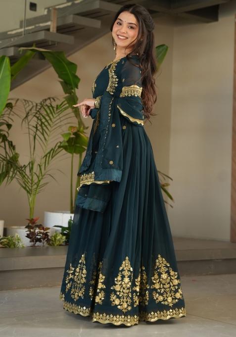 Rama Blue Sequin Embroidered Georgette Anarkali Set With Dupatta