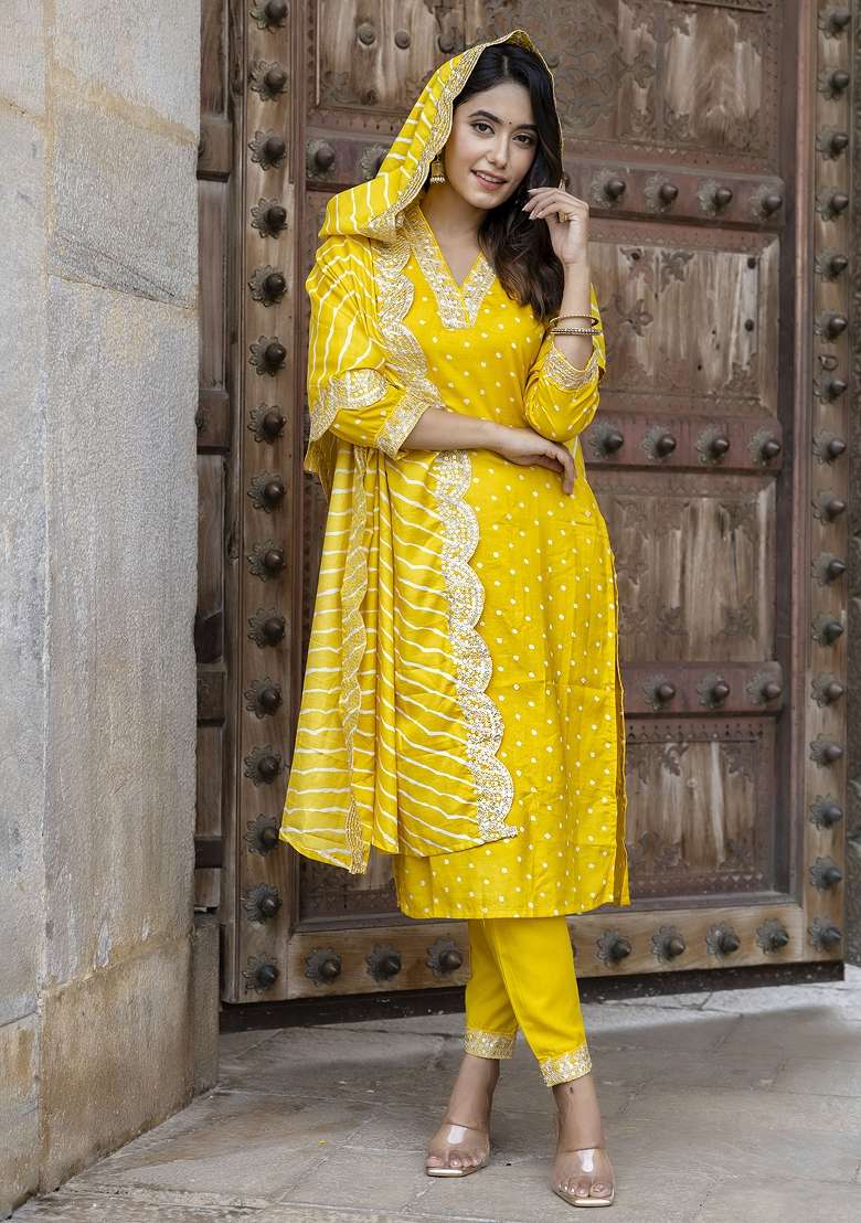 Yellow Bandhani Silk Straight Kurta Set - Indya