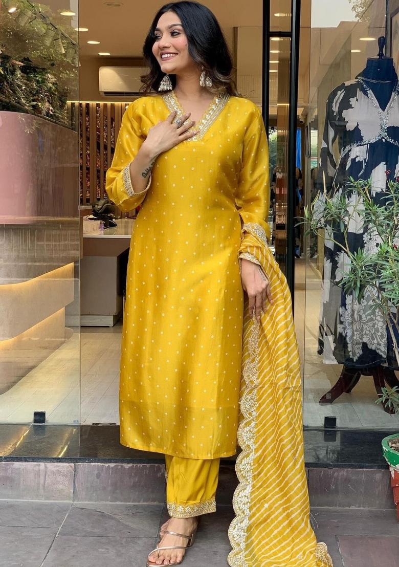 Yellow Resham Embroidery Art Silk Salwar Kameez With Dupatta