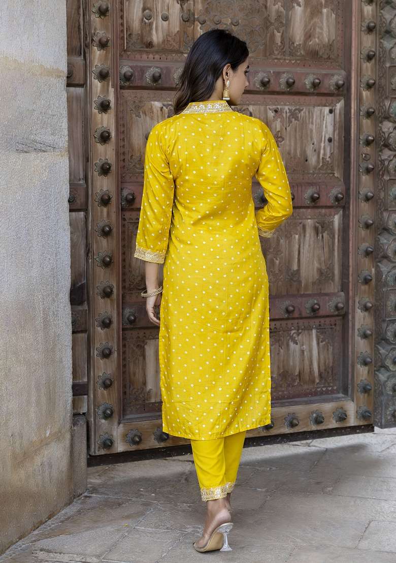 Yellow Bandhani Silk Straight Kurta Set - Indya