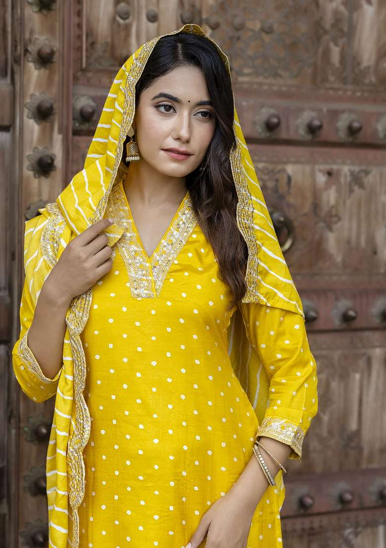Yellow Bandhani Silk Straight Kurta Set - Indya