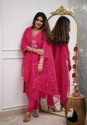 Pink Resham Embroidery Chenderi Salwar Kameez With Dupatta