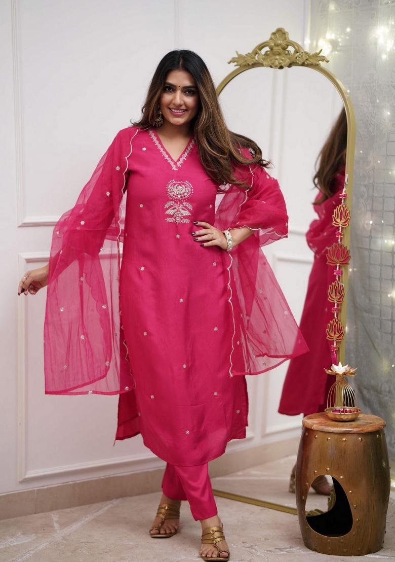 Pink Resham Embroidery Chenderi Salwar Kameez With Dupatta