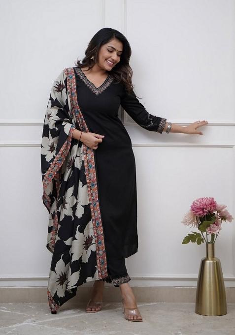Black Resham Embroidery Art Silk Salwar Kameez With Dupatta