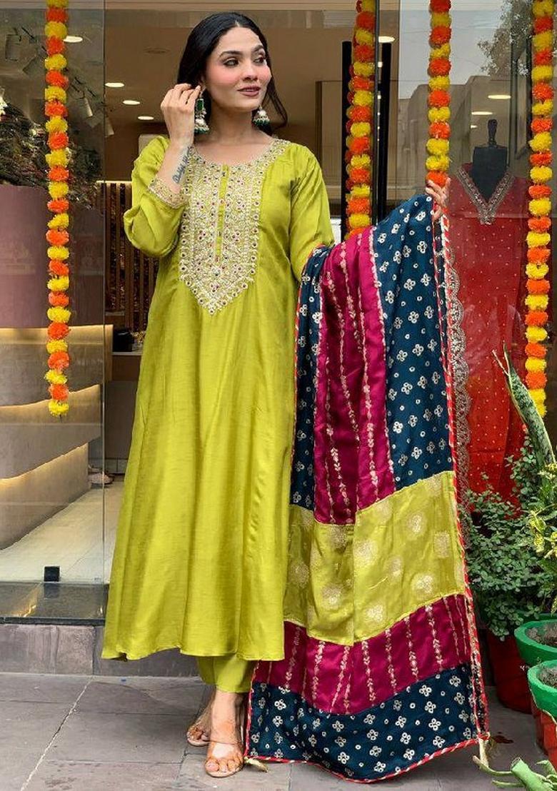Lemon Yellow Resham Embroidery Chenderi Salwar Kameez With Dupatta