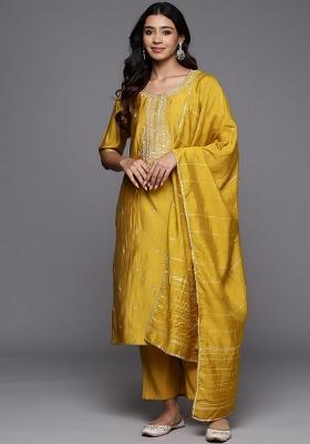 Mustard Yellow Resham Embroidery Viscose Salwar Kameez With Dupatta
