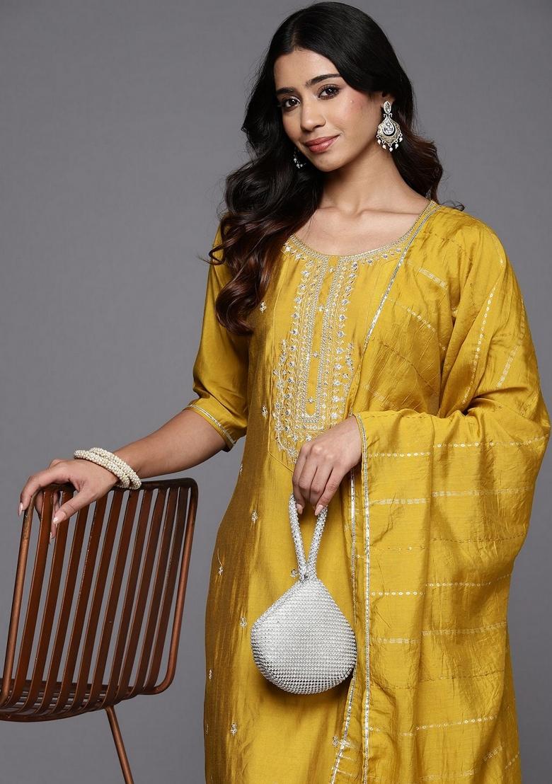 Mustard Yellow Resham Embroidery Viscose Salwar Kameez With Dupatta