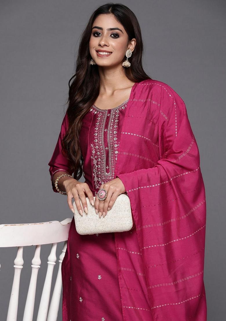 Pink Resham Embroidery Viscose Salwar Kameez With Dupatta